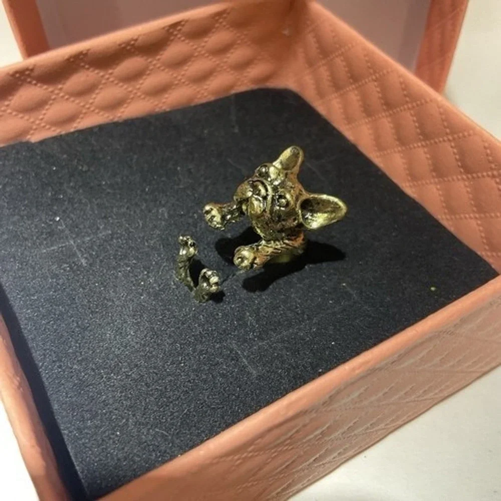 NWT‎ Black/Gold/Silver Adjustable Wrap French Bulldog Ring Pet Jewelry